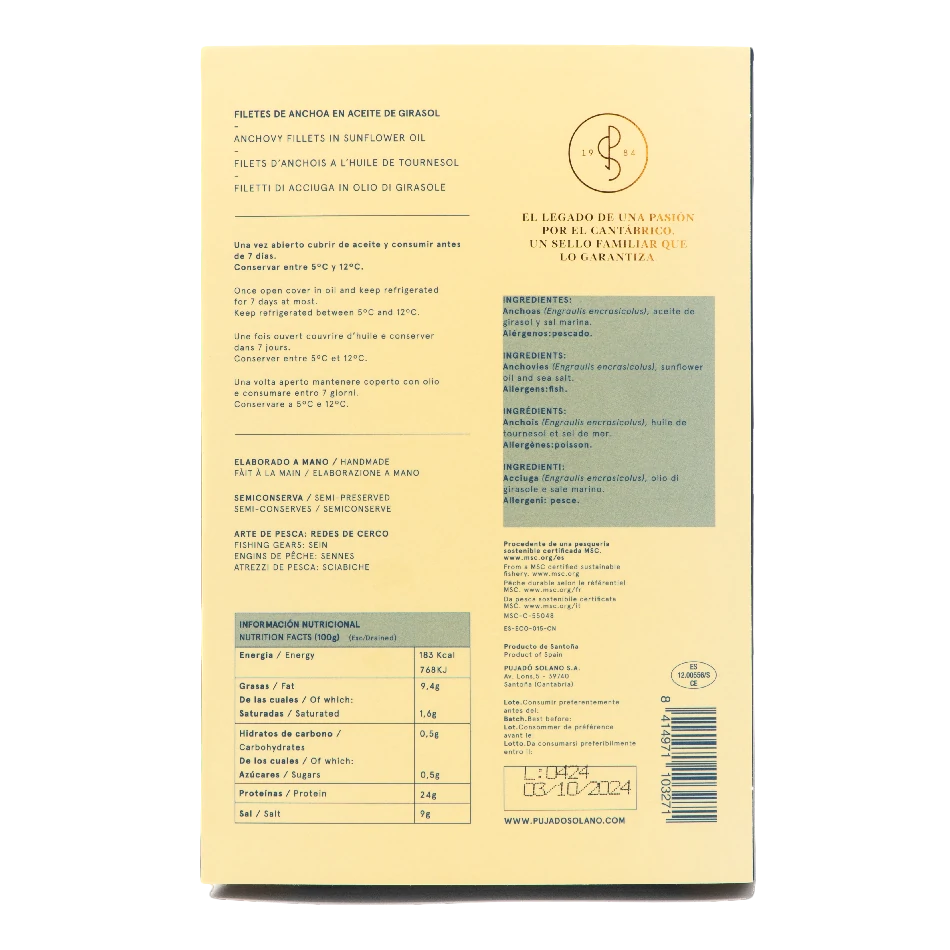 Cantabrian Anchovy in Sunflower Oil - Anchoa Cantabrica en Aceite. Pujado Solano, 375g