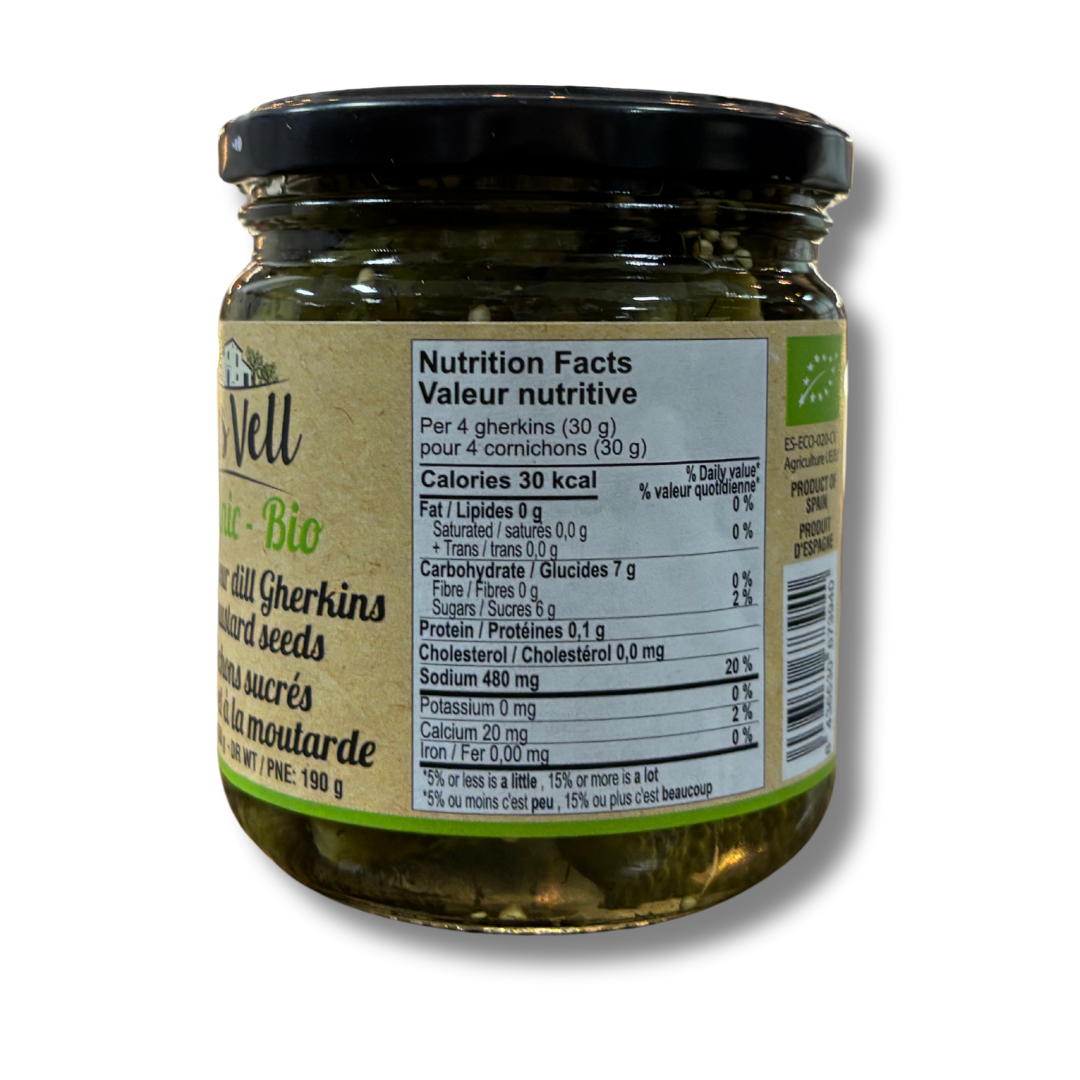 Mas Vell organic sweet and sour gherkins with mustard seeds, 370 mL - Solfarmers