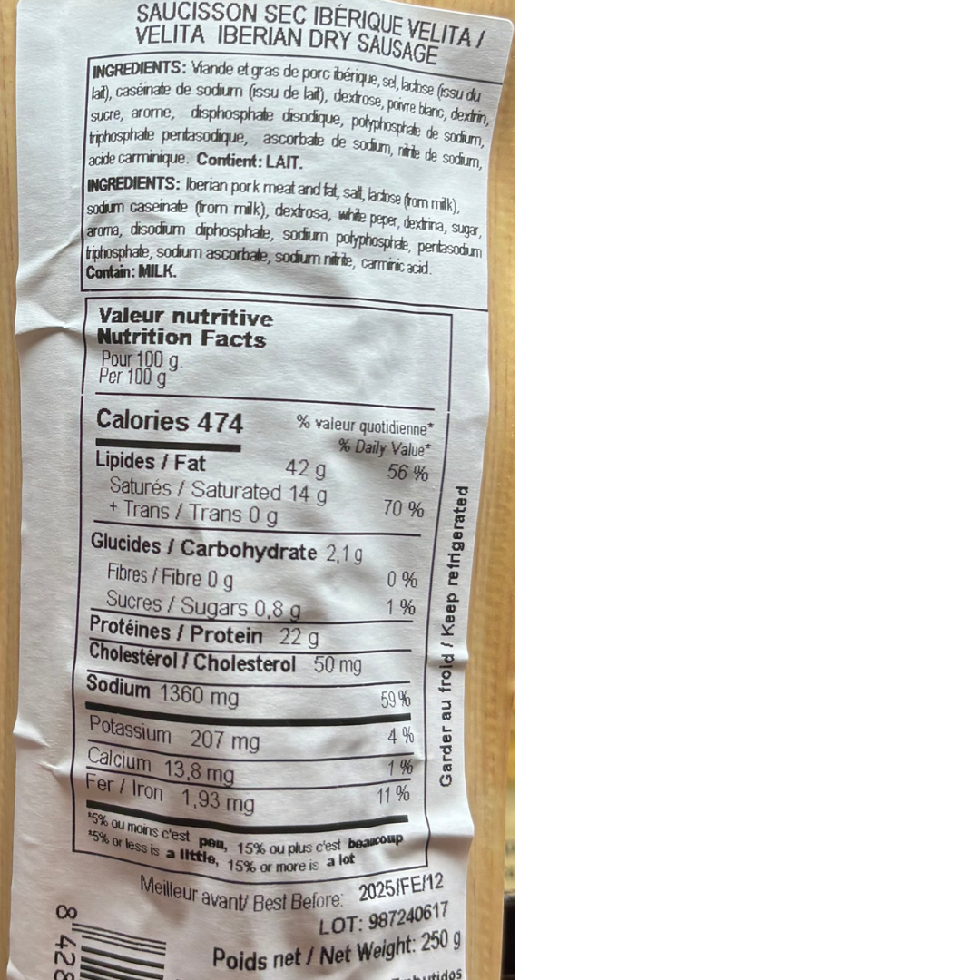 Extra Iberian Dry Sausage Velita - Salchichon Extra Iberico. La Barrica, 250g