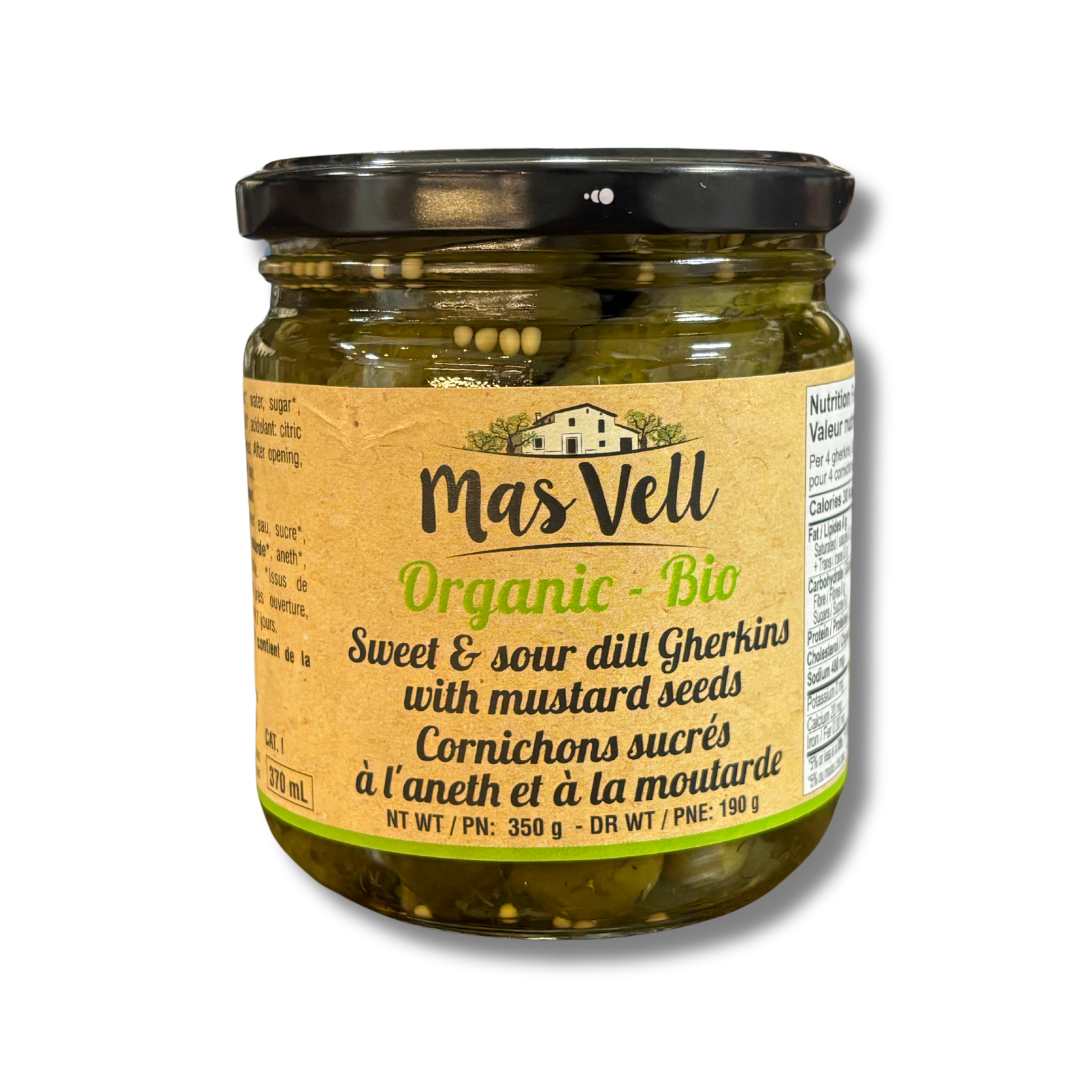 Mas Vell organic sweet and sour gherkins with mustard seeds, 370 mL - Solfarmers