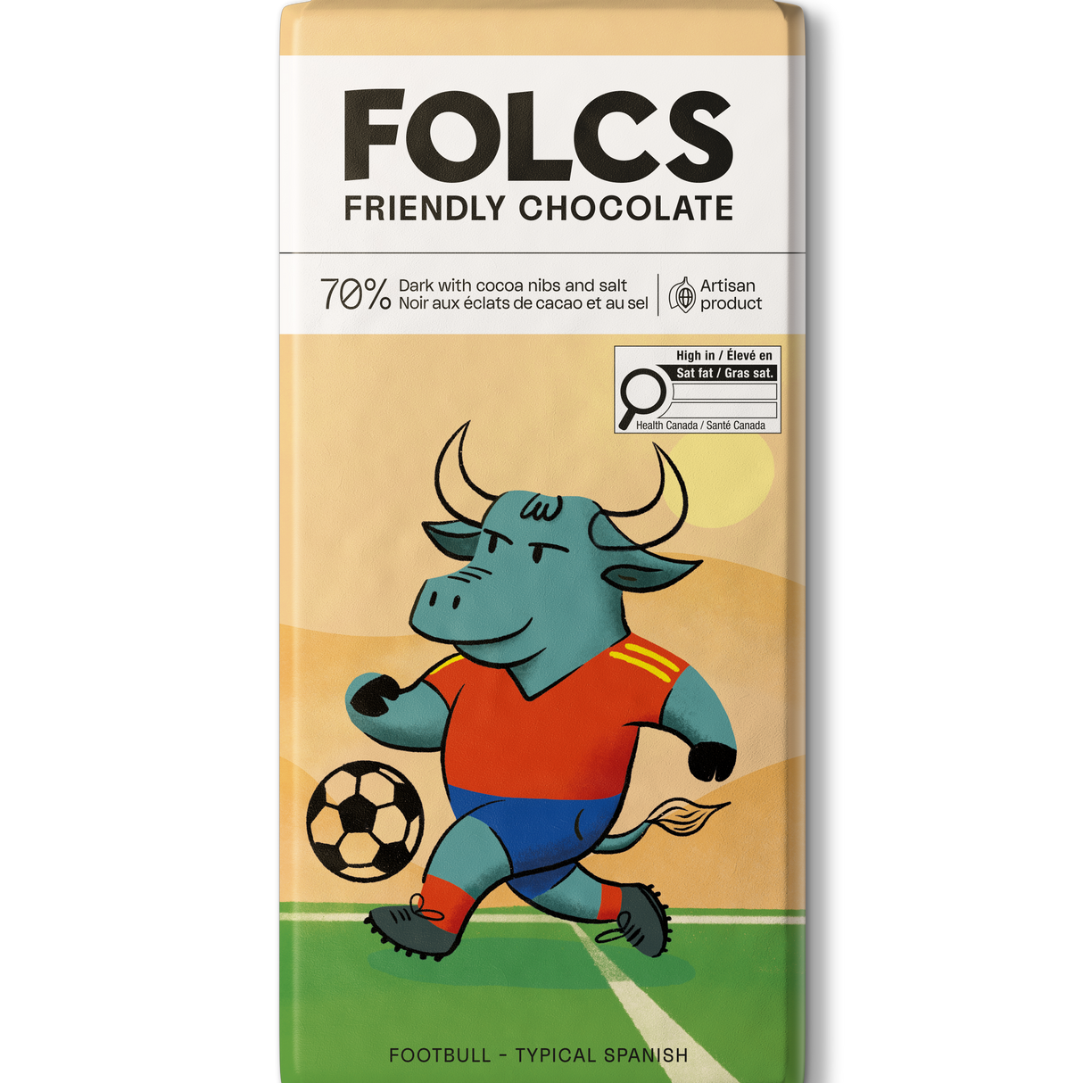 A bar of FOLCS Friendly Chocolate featuring a colorful illustration of a bull soccer player on a field. The packaging is cream and beige with a white top section containing the brand name 'FOLCS' and product details.