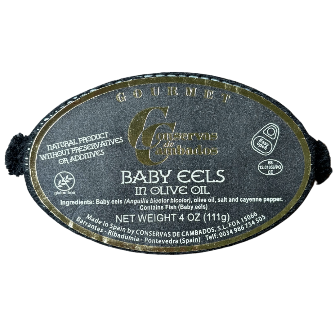 Delicate baby eels preserved in olive oil, a true Spanish delicacy by Conservas de Cambados, offering an authentic Mediterranean flavor.