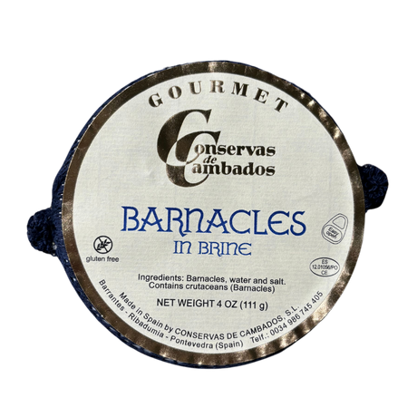 Authentic Galician barnacles preserved in brine, offering a unique and exquisite taste of the Spanish coast by Conservas de Cambados.
