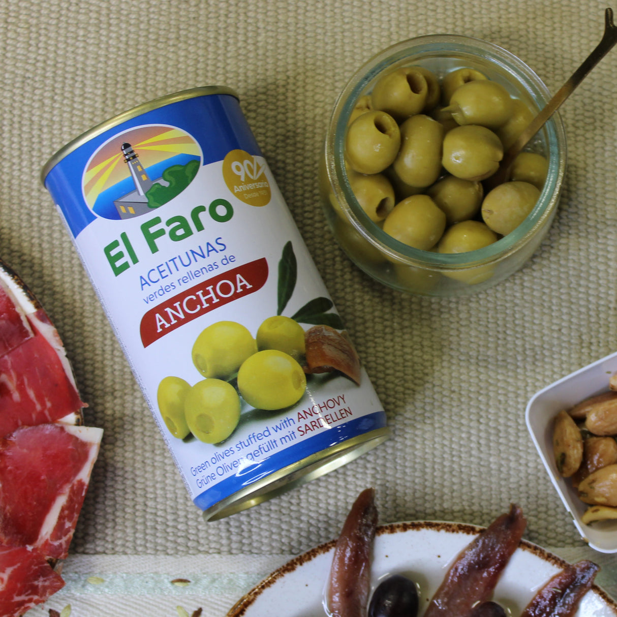 Anchovy Stuffed Green Olives - Aceitunas Rellenas Anchoa. El Faro, 350g - Solfarmers