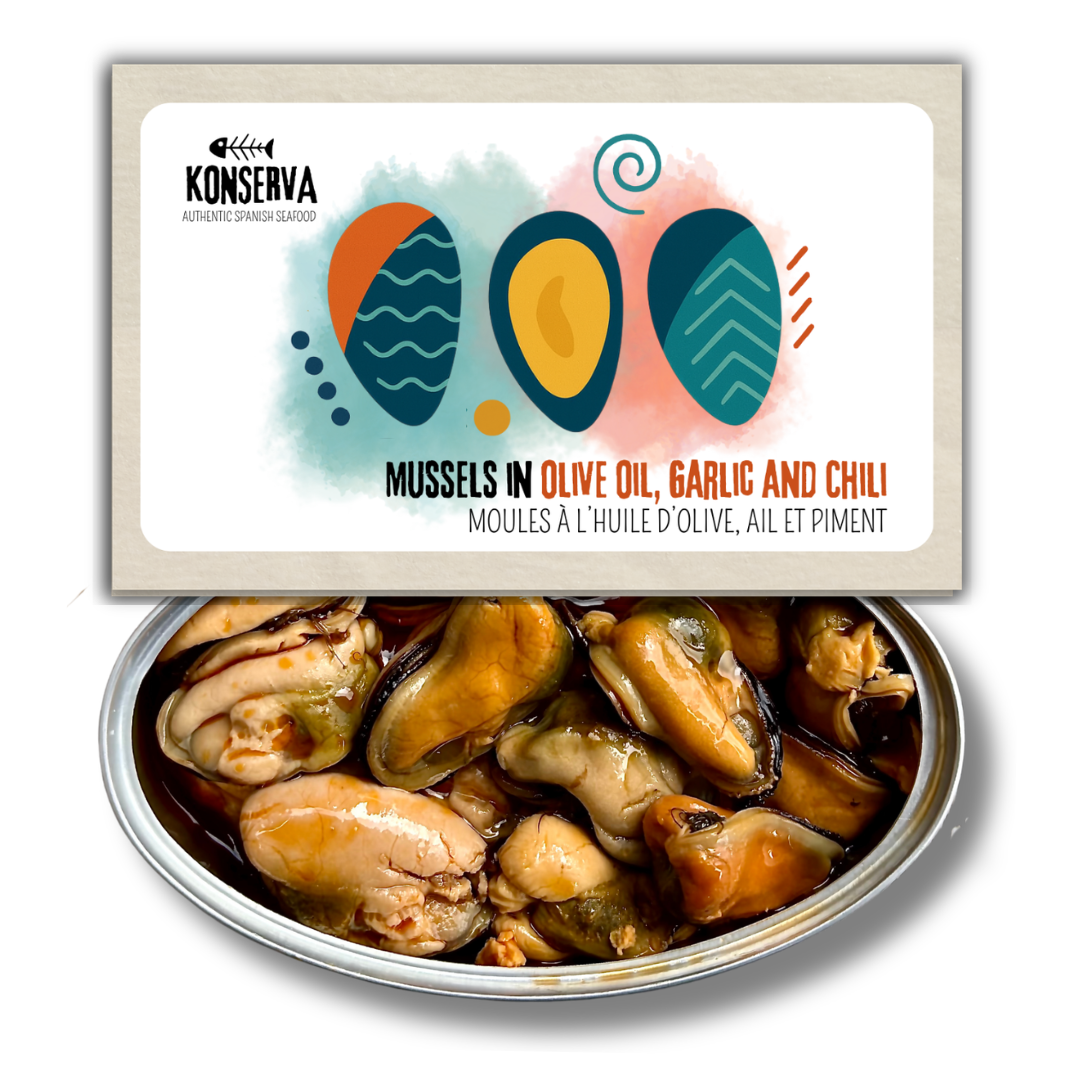 Mussels in Olive Oil w/ Garlic & Chili - Mejillones Aceite de Oliva c/ Ajo y Chile. Konserva - Solfarmers