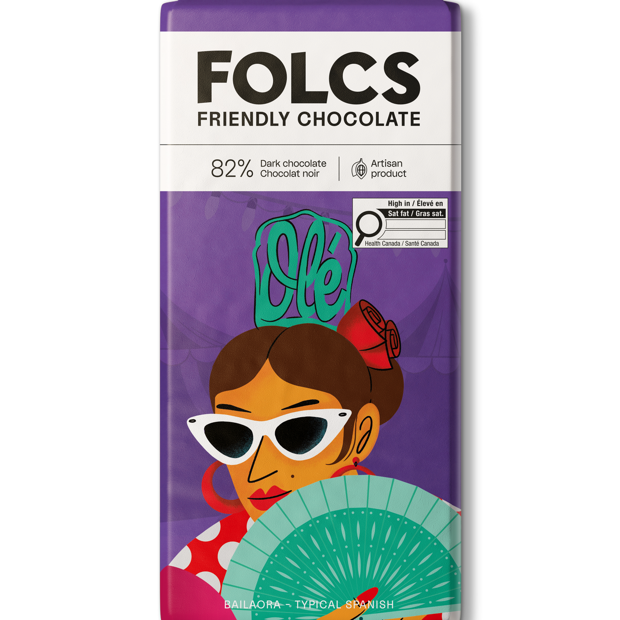 A bar of FOLCS Friendly Chocolate, 82% dark chocolate, featuring a purple wrapper with a colorful illustration of a woman in sunglasses holding a fan.