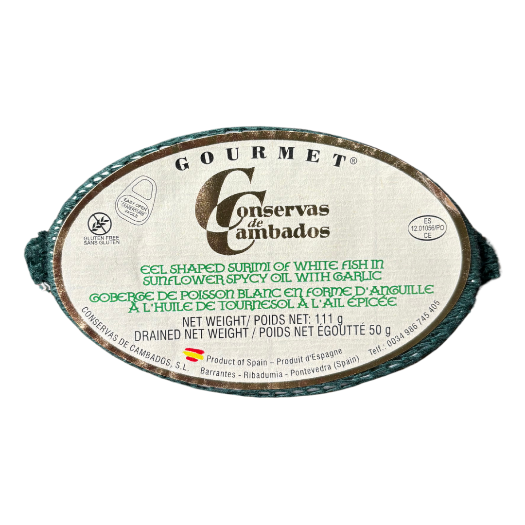 Authentic gourmet baby eel shaped surimi, a delicious Spanish seafood delicacy crafted by Conservas de Cambados.