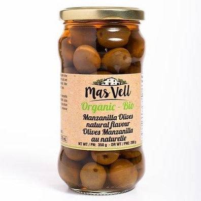 Mas Vell organic whole green manzanilla olives, 370 mL - Solfarmers
