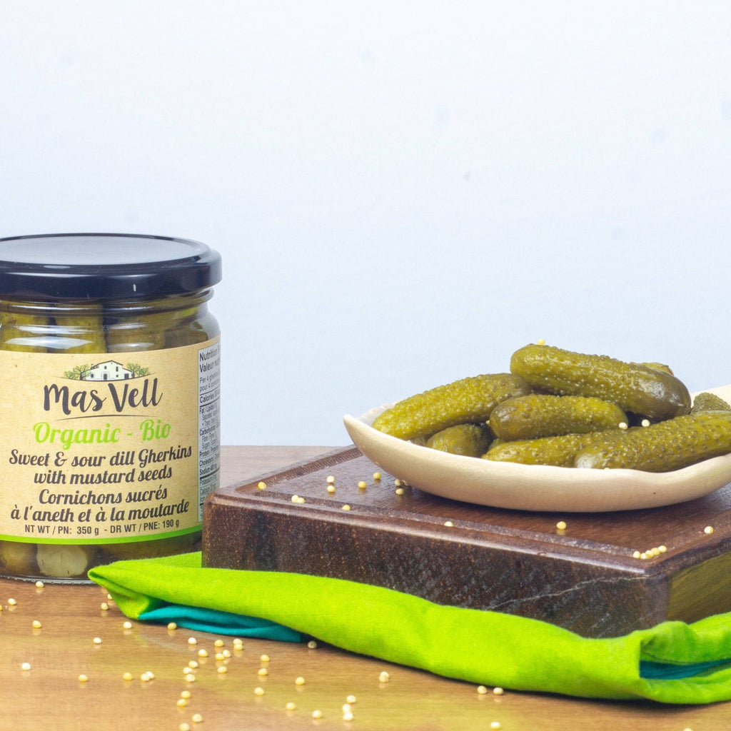Mas Vell organic sweet and sour gherkins with mustard seeds, 370 mL - Solfarmers