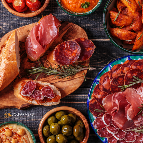 spanish cured meat, ham iberico, jamon serrano, chorizo and iberian lomo