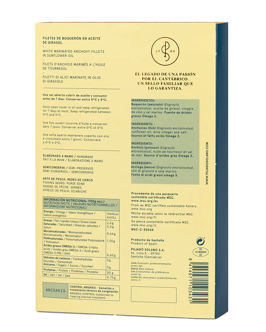 White Anchovies in Sunflower Oil - Boquerones en Aceite. Pujado Solano, 625g