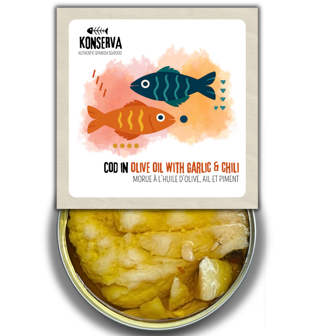 Cod in Olive Oil, Garlic & Chilli - Bacalao en Aceite de Oliva, Ajo y Chile. Konserva - Solfarmers