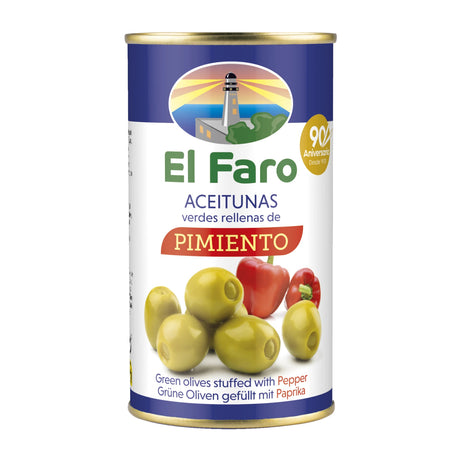 Green Manzanilla Olives Stuffed Red Pepper - Aceitunas Rellenas de Pimiento. El Faro, 350g - Solfarmers