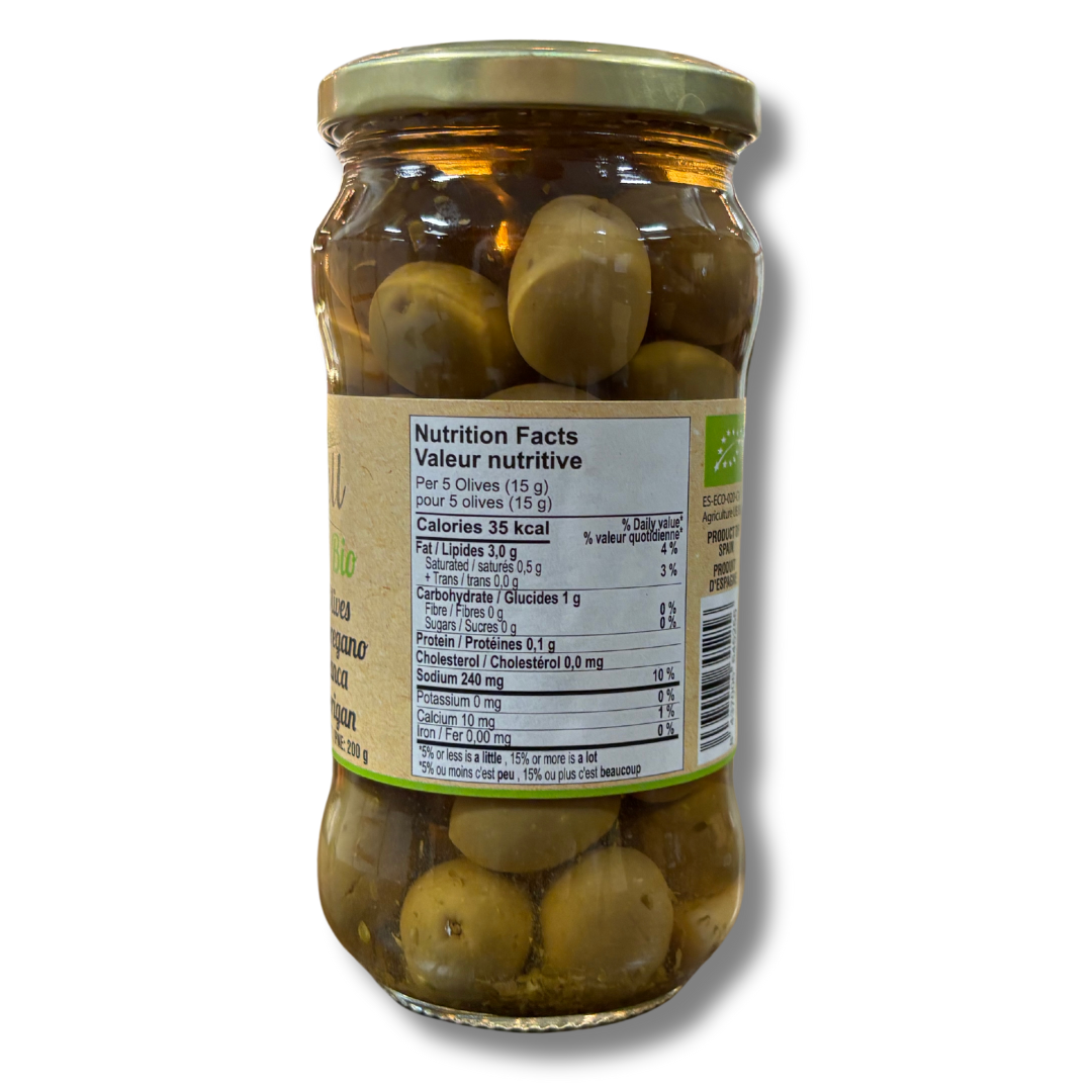 Mas Vell organic hojiblanca olives with garlic & oregano, 370mL - Solfarmers