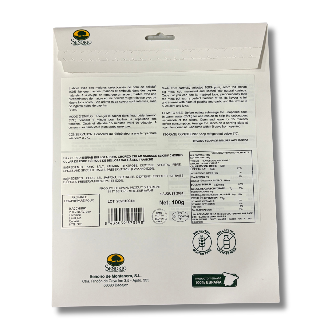 Acorn-Fed Iberian Chorizo Ibérico de Bellota - Señorio de Montanera, Sliced 100g - Solfarmers