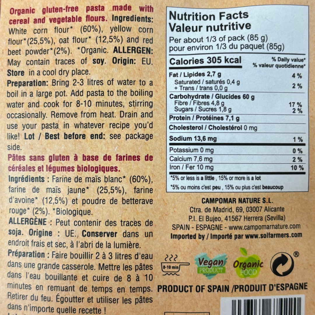 Pasta Fusilli Corn, Oat & Beet - Maiz, Avena y Remolacha. Mas Vell, 250g