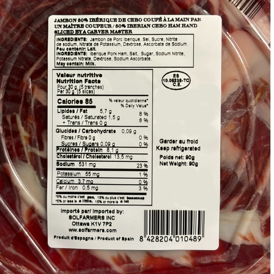 Grain & Grass Fed Ham 50% Iberian - Jamon Cebo 50% Iberico. La Barrica, Hand Cut 90g
