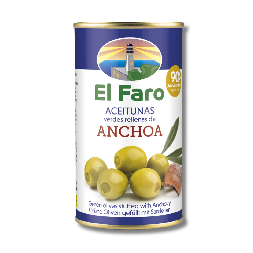 Anchovy Stuffed Green Olives - Aceitunas Rellenas Anchoa. El Faro, 350g - Solfarmers