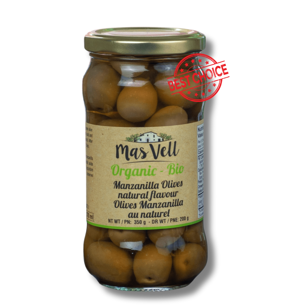 Mas Vell organic whole green manzanilla olives, 370 mL - Solfarmers