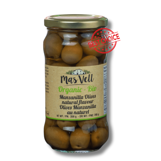 Mas Vell organic whole green manzanilla olives, 370 mL - Solfarmers