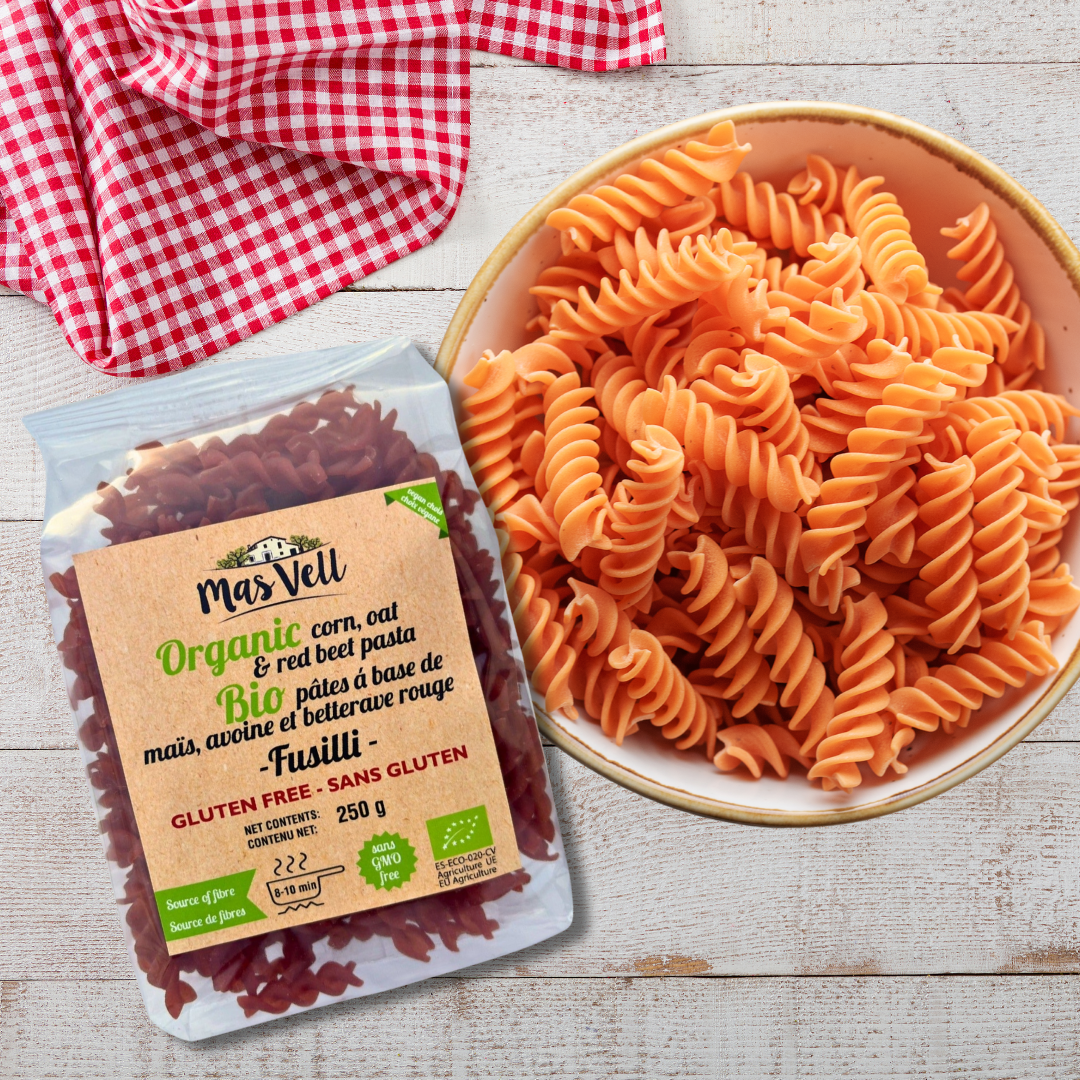 Pasta Fusilli Corn, Oat & Beet - Maiz, Avena y Remolacha. Mas Vell, 250g