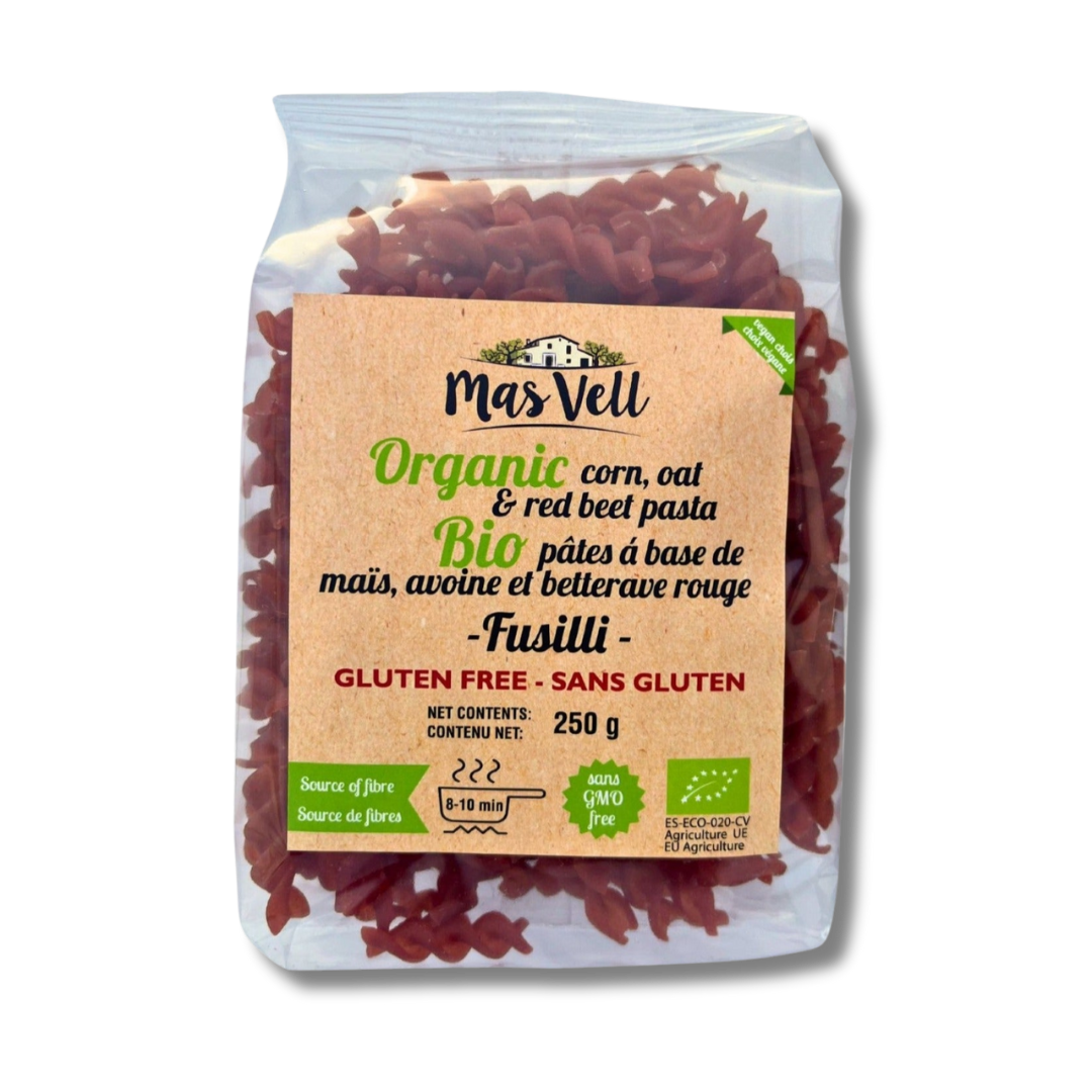 Pasta Fusilli Corn, Oat & Beet - Maiz, Avena y Remolacha. Mas Vell, 250g