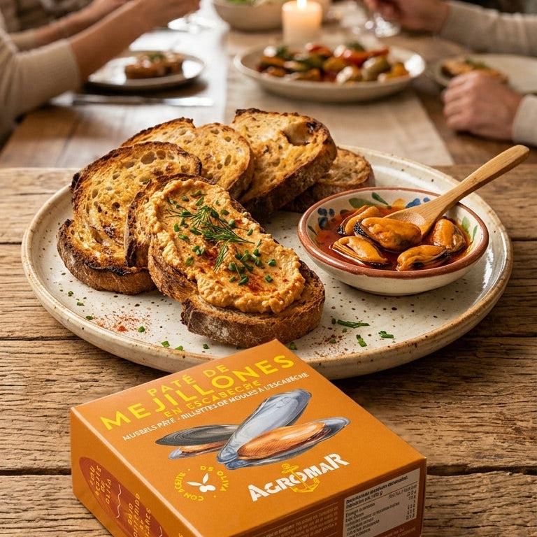 A group of people gathered around a rustic wooden dining table, holding wine glasses and enjoying a meal. In the foreground, a large platter holds toasted bread slices topped with melted cheese and herbs, alongside a small bowl of stuffed olives.