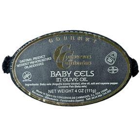 Delicate baby eels preserved in olive oil, a true Spanish delicacy by Conservas de Cambados, offering an authentic Mediterranean flavor.