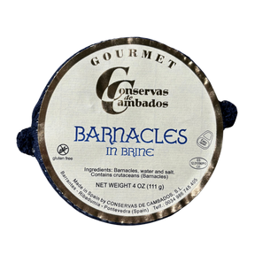 Authentic Galician barnacles preserved in brine, offering a unique and exquisite taste of the Spanish coast by Conservas de Cambados.

