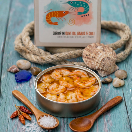 Shrimp in Olive Oil Garlic and Chili - Gambas Aceite de Oliva, Ajo y Chile. Konserva