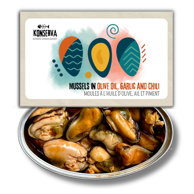 Mussels in Olive Oil w/ Garlic & Chili - Mejillones Aceite de Oliva c/ Ajo y Chile. Konserva - Solfarmers