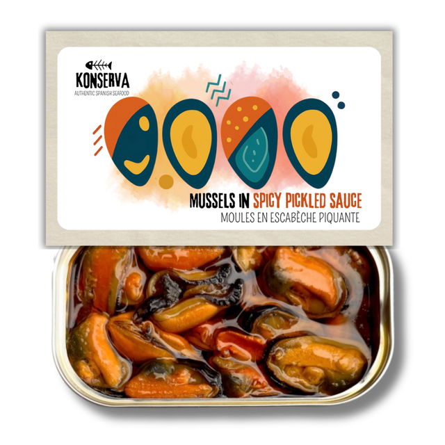 Mussels in Spicy Pickled Sauce - Mejillones en Salsa Picante en Escabeche. Konserva - Solfarmers