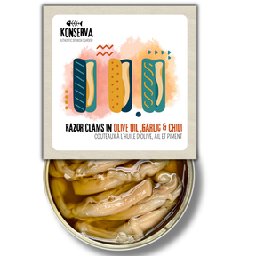 Razor Clams in Olive Oil, Garlic & Chili - Navajas en Aceite Oliva, Ajo y Chile. Konserva - Solfarmers