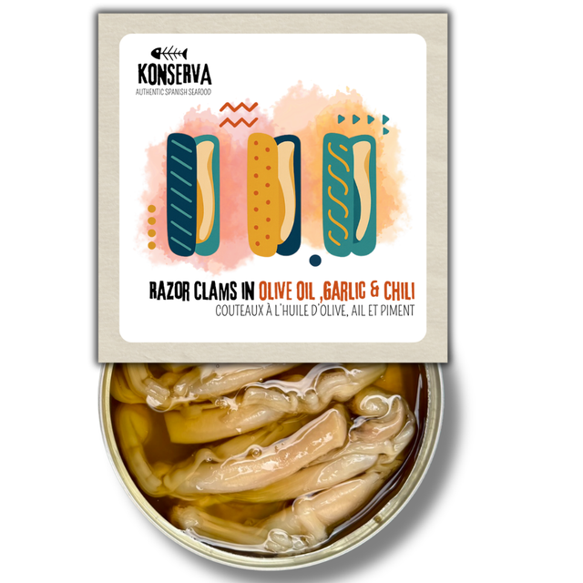 Razor Clams in Olive Oil, Garlic & Chili - Navajas en Aceite Oliva, Ajo y Chile. Konserva - Solfarmers