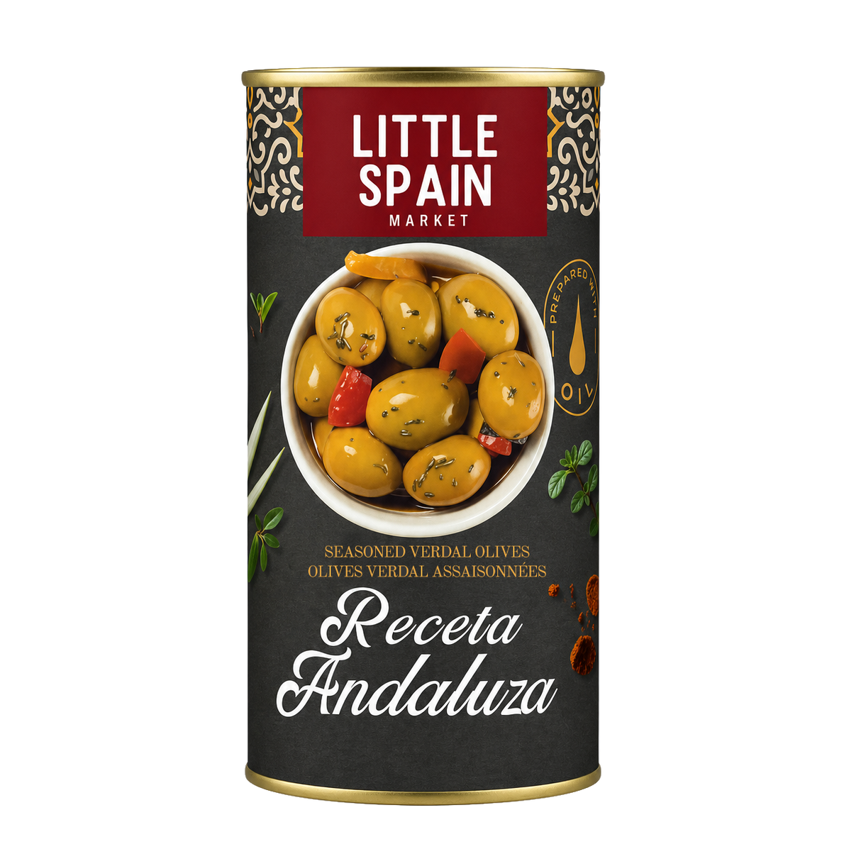 Seasoned Verdal Green Olives Receta Andaluza - Aceitunas Aliñadas. Little Spain, 350g - Solfarmers