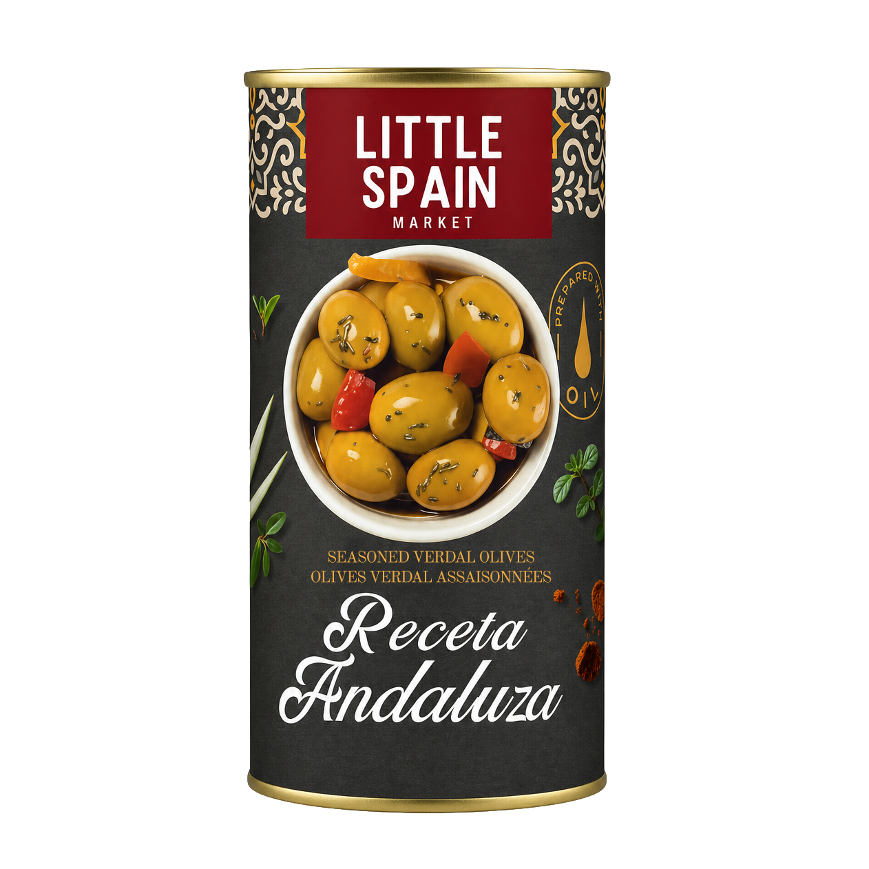 Seasoned Verdal Green Olives Receta Andaluza - Aceitunas Aliñadas. Little Spain, 350g - Solfarmers