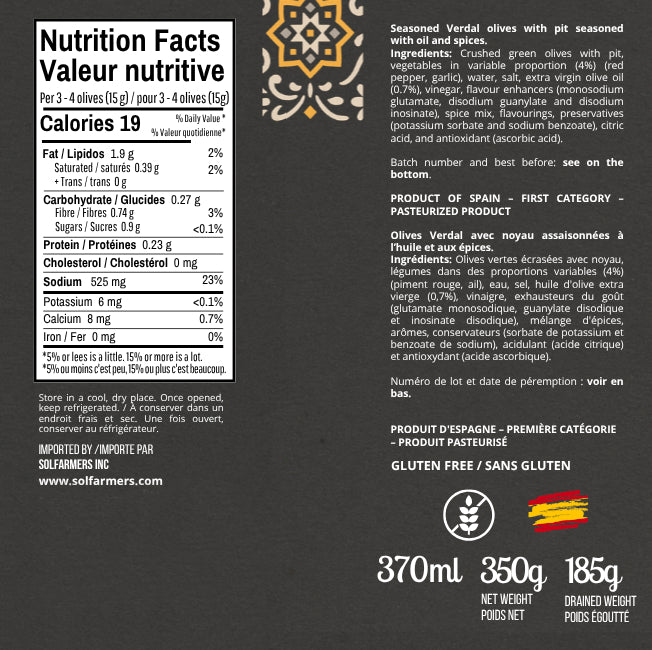 Seasoned Verdal Green Olives Receta Andaluza - Aceitunas Aliñadas. Little Spain, 350g - Solfarmers
