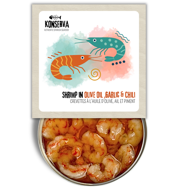 Shrimp in Olive Oil Garlic and Chili - Gambas Aceite de Oliva, Ajo y Chile. Konserva - Solfarmers