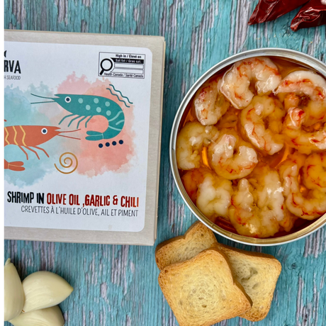 Shrimp in Olive Oil Garlic and Chili - Gambas Aceite de Oliva, Ajo y Chile. Konserva