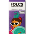 A bar of FOLCS Friendly Chocolate, 82% dark chocolate, featuring a purple wrapper with a colorful illustration of a woman in sunglasses holding a fan.