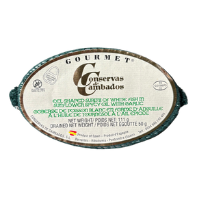 Authentic gourmet baby eel shaped surimi, a delicious Spanish seafood delicacy crafted by Conservas de Cambados.

