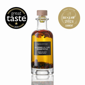 Olive Oil with Chilli, Garlic & Peppers - Aceite de oliva con especias. Llagrimes del Canigo, 250ml - Solfarmers