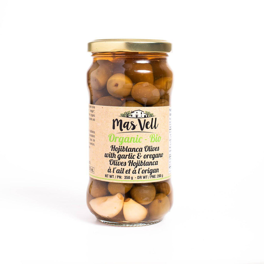 Mas Vell organic hojiblanca olives with garlic & oregano, 370mL - Solfarmers