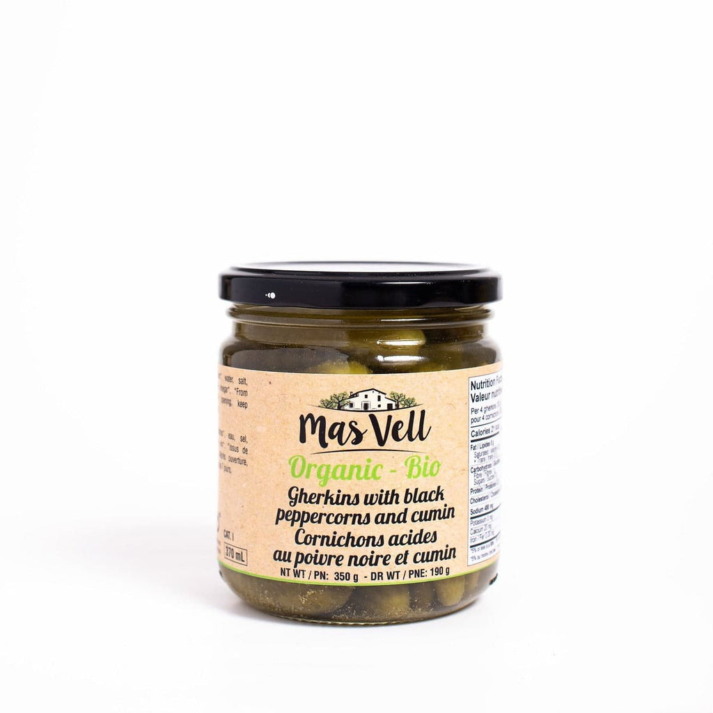 Mas Vell organic gherkins with black peppercorns & cumin, 370 mL - Solfarmers