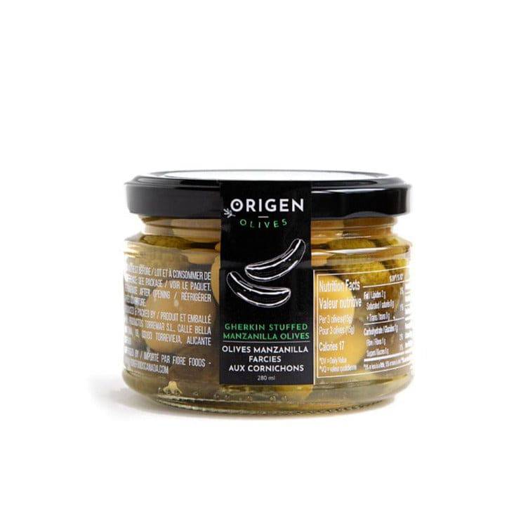 Origen green manzanilla olives stuffed with gherkins - Solfarmers